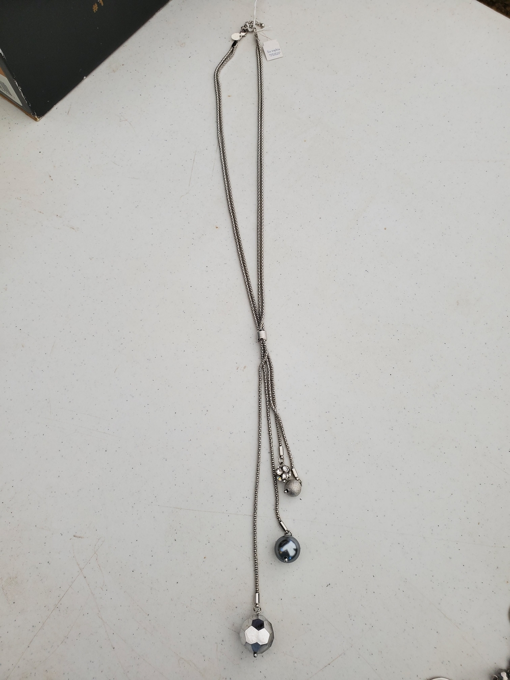 Lia Sophia Silver-Tone Long Tassel Necklace with Faceted and Pearl Charms
